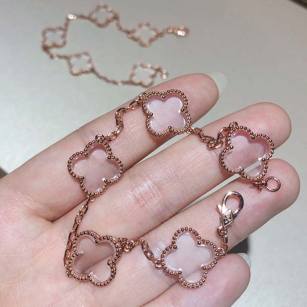 GlowCLOVER 5 MOTIF ROCK CRYSTAL PINK GOLD BRACELET