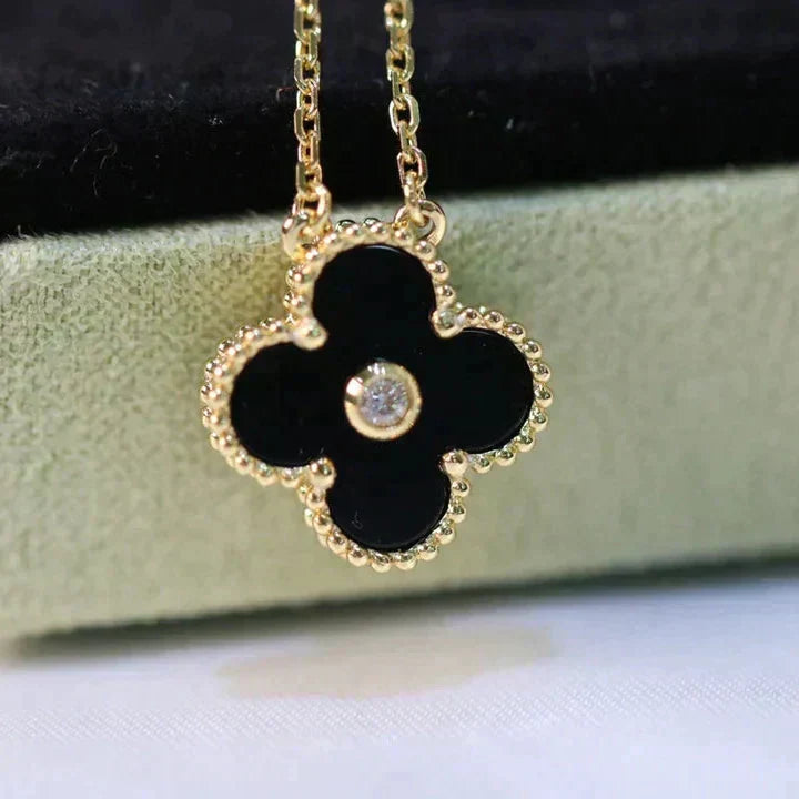 GlowCLOVER 15MM DIAMOND ONYX NECKLACE