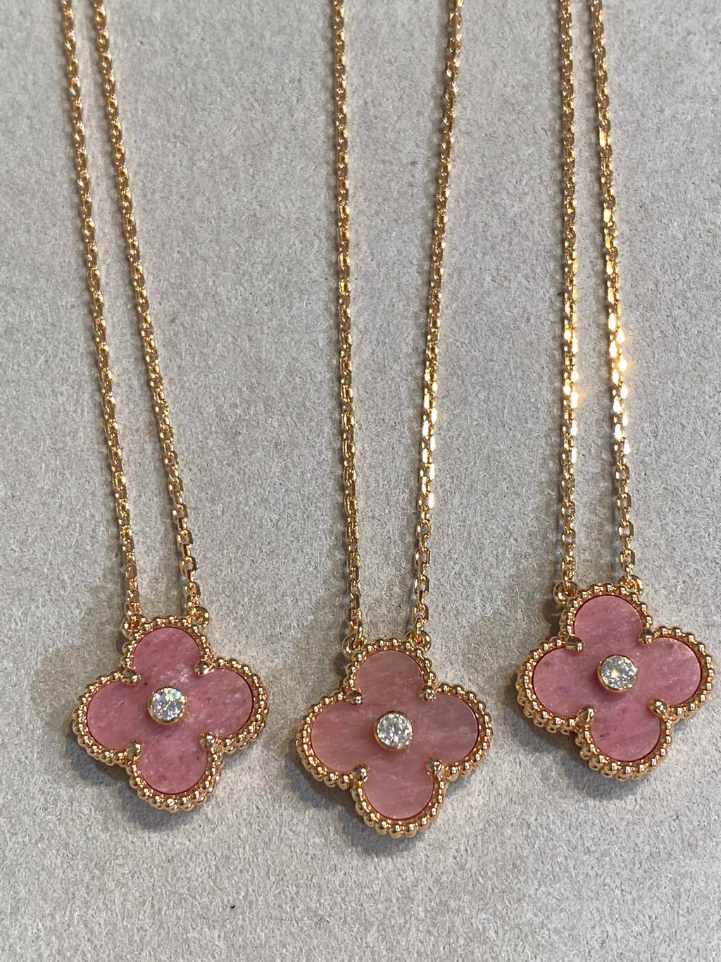 GlowCLOVER 15MM DIAMOND RHODONITE NECKLACE