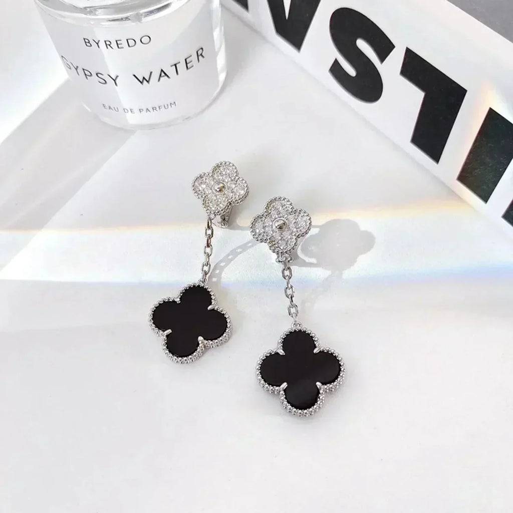 GlowCLOVER 2 MOTIFS  DIAMOND ONYX EARRINGS SILVER
