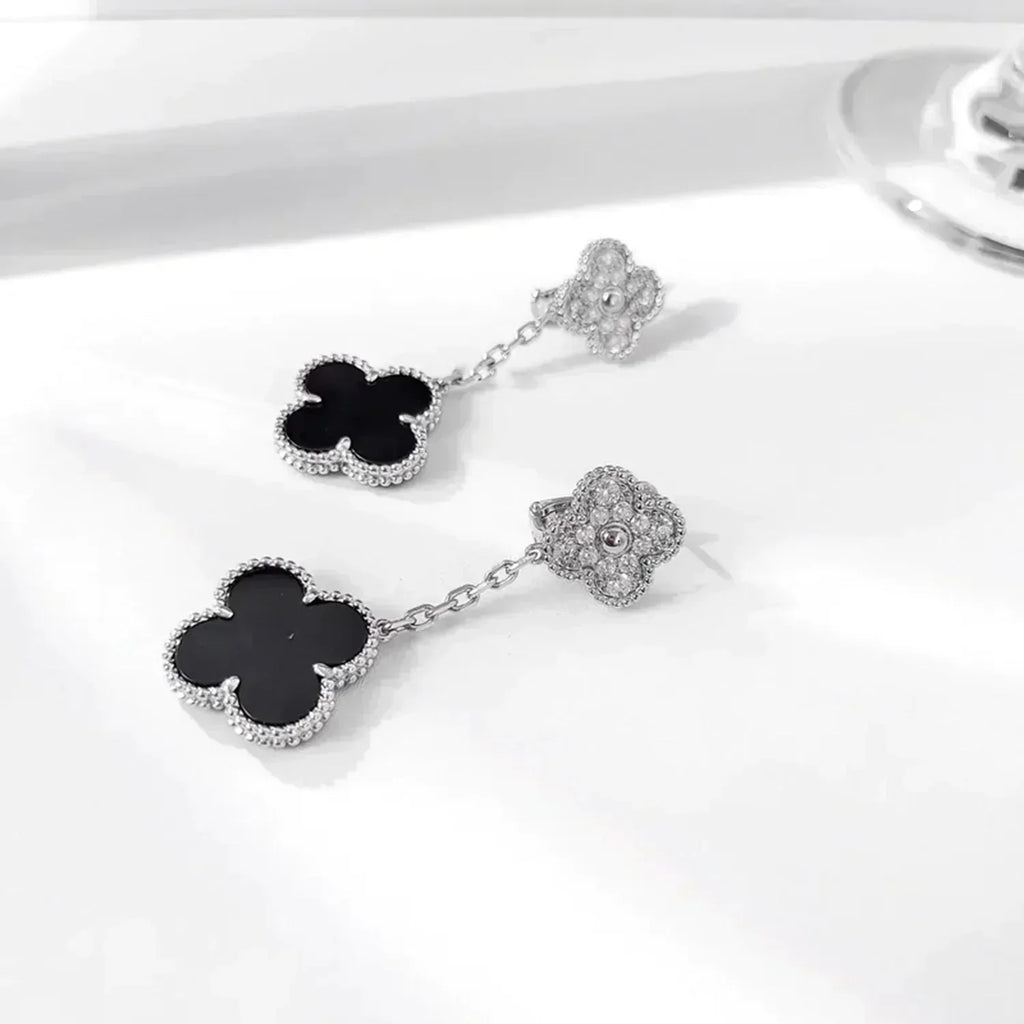 GlowCLOVER 2 MOTIFS  DIAMOND ONYX EARRINGS SILVER