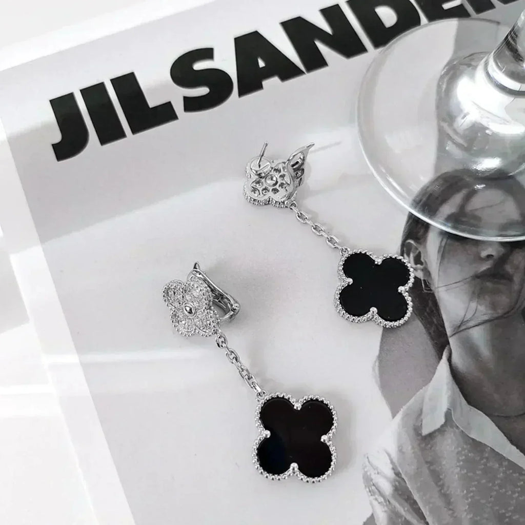 GlowCLOVER 2 MOTIFS  DIAMOND ONYX EARRINGS SILVER