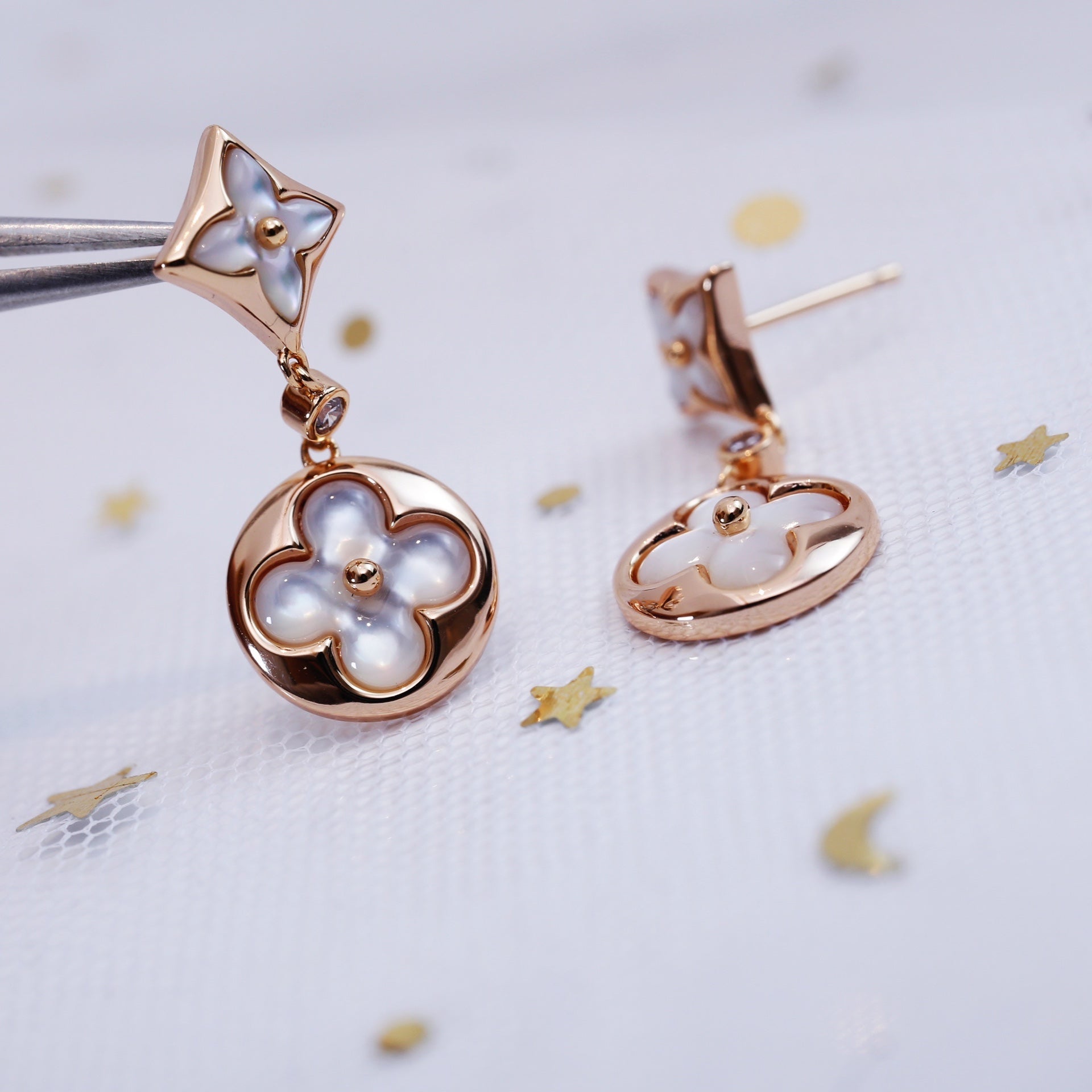 GlowSTAR AND SUN PINK GOLD MOP DROP EARRINGS