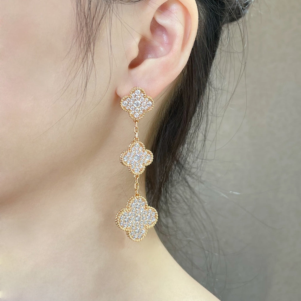 GlowCLOVER 3 MOTIFS DIAMOND PAVED ROSE GOLD EARRINGS