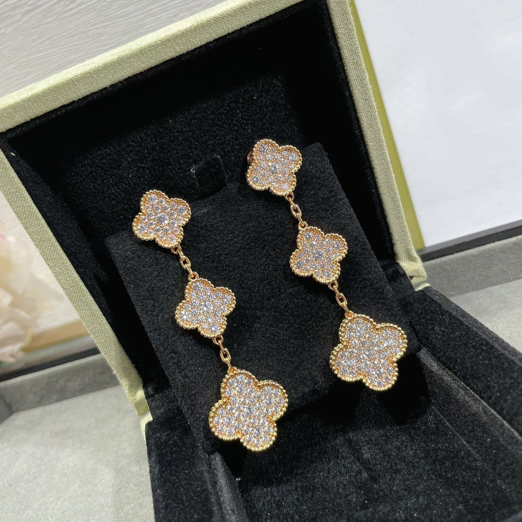 GlowCLOVER 3 MOTIFS DIAMOND PAVED ROSE GOLD EARRINGS