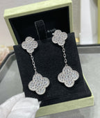 GlowCLOVER 2 MOTIFS DIAMOND PAVED SILVER EARRINGS