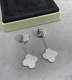 GlowCLOVER 2 MOTIFS DIAMOND PAVED SILVER EARRINGS