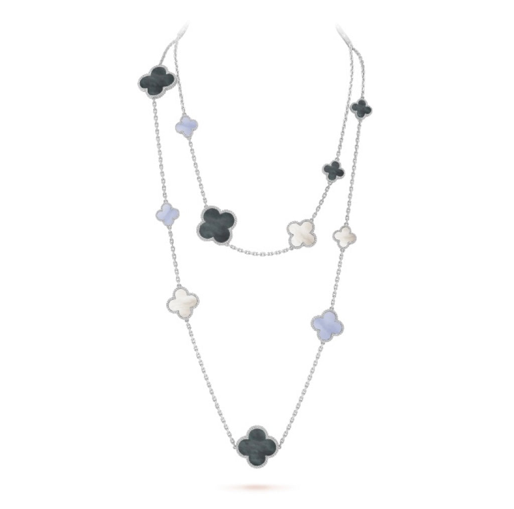 GlowCLOVER 16 MOTIF CHALCEDONY MOP SILVER NECKLACE