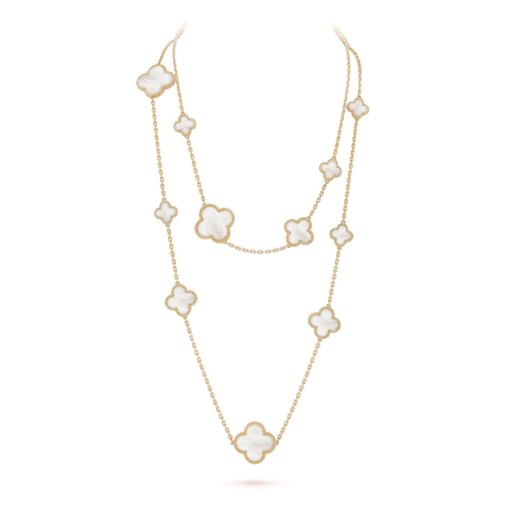 GlowCLOVER 16 MOTIF WHITE MOP GOLD NECKLACE