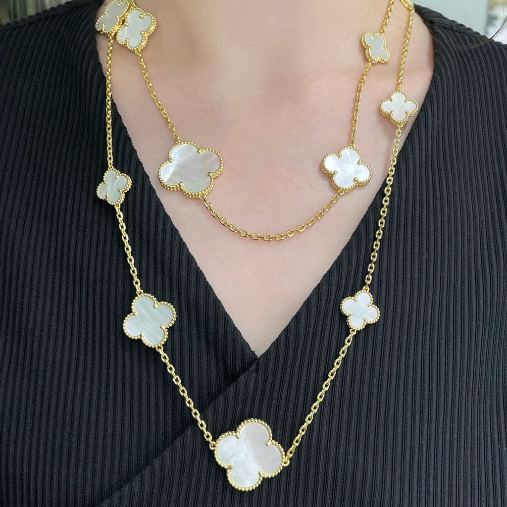 GlowCLOVER 16 MOTIF WHITE MOP GOLD NECKLACE