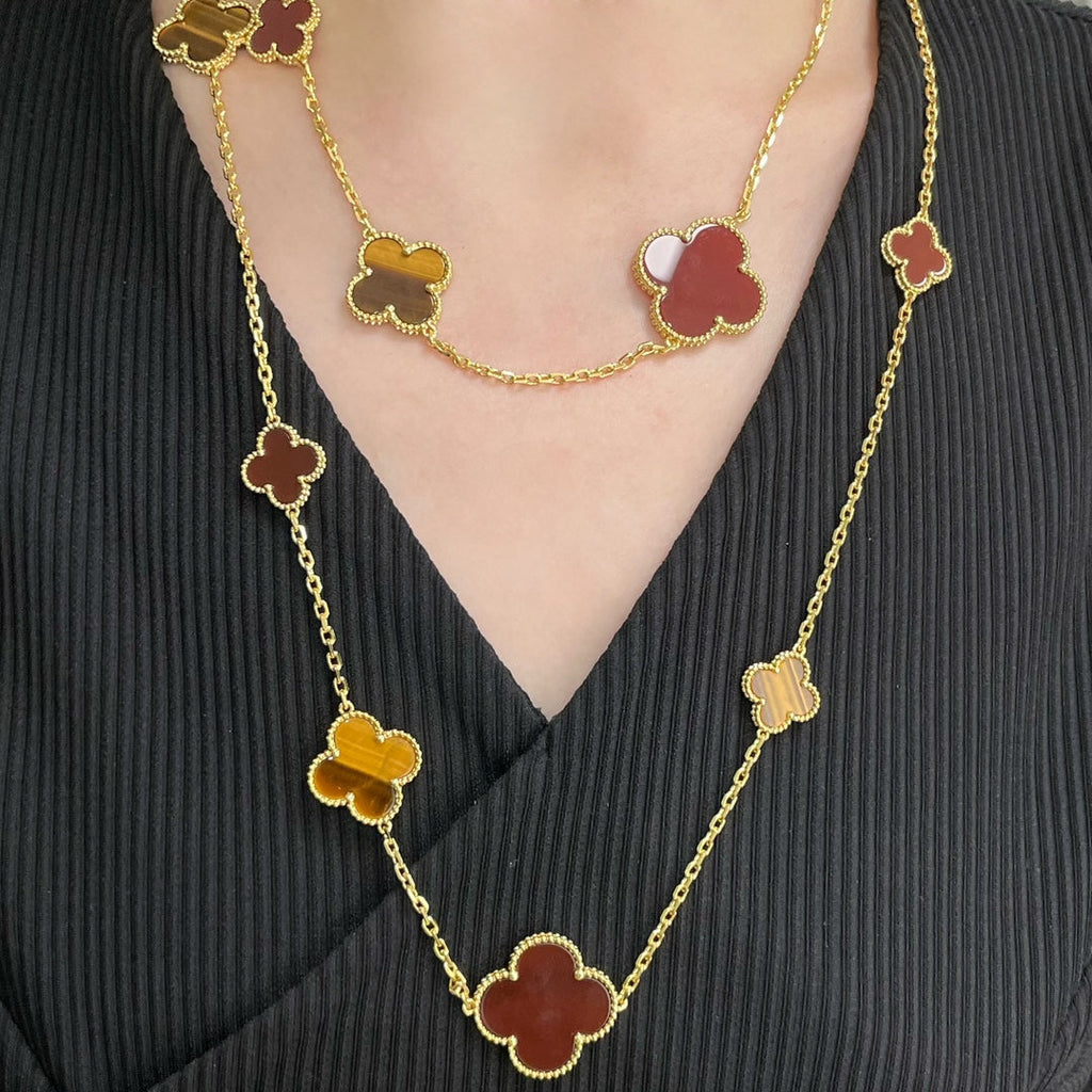 GlowCLOVER 16 MOTIF CARNELIAN TIGER EYE ROSE GOLD NECKLACE