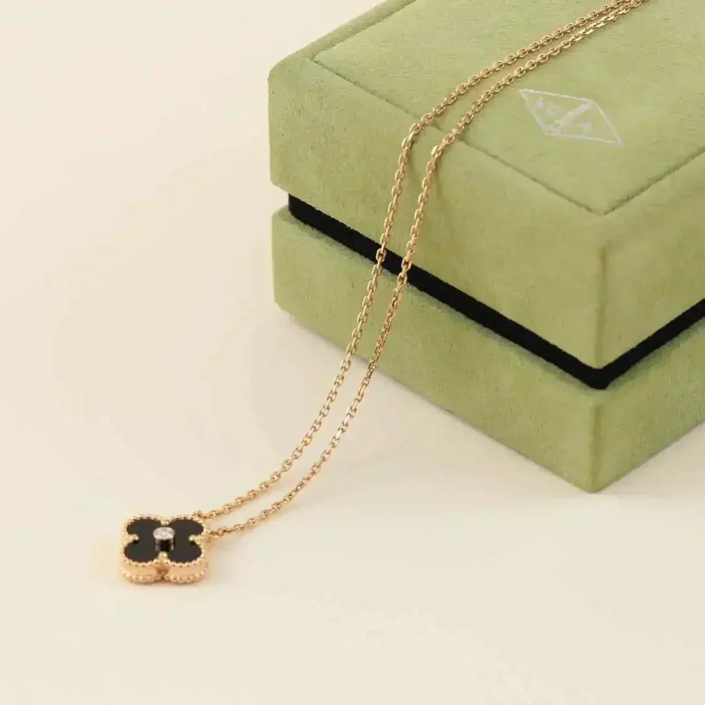 GlowCLOVER 15MM DIAMOND ONYX NECKLACE