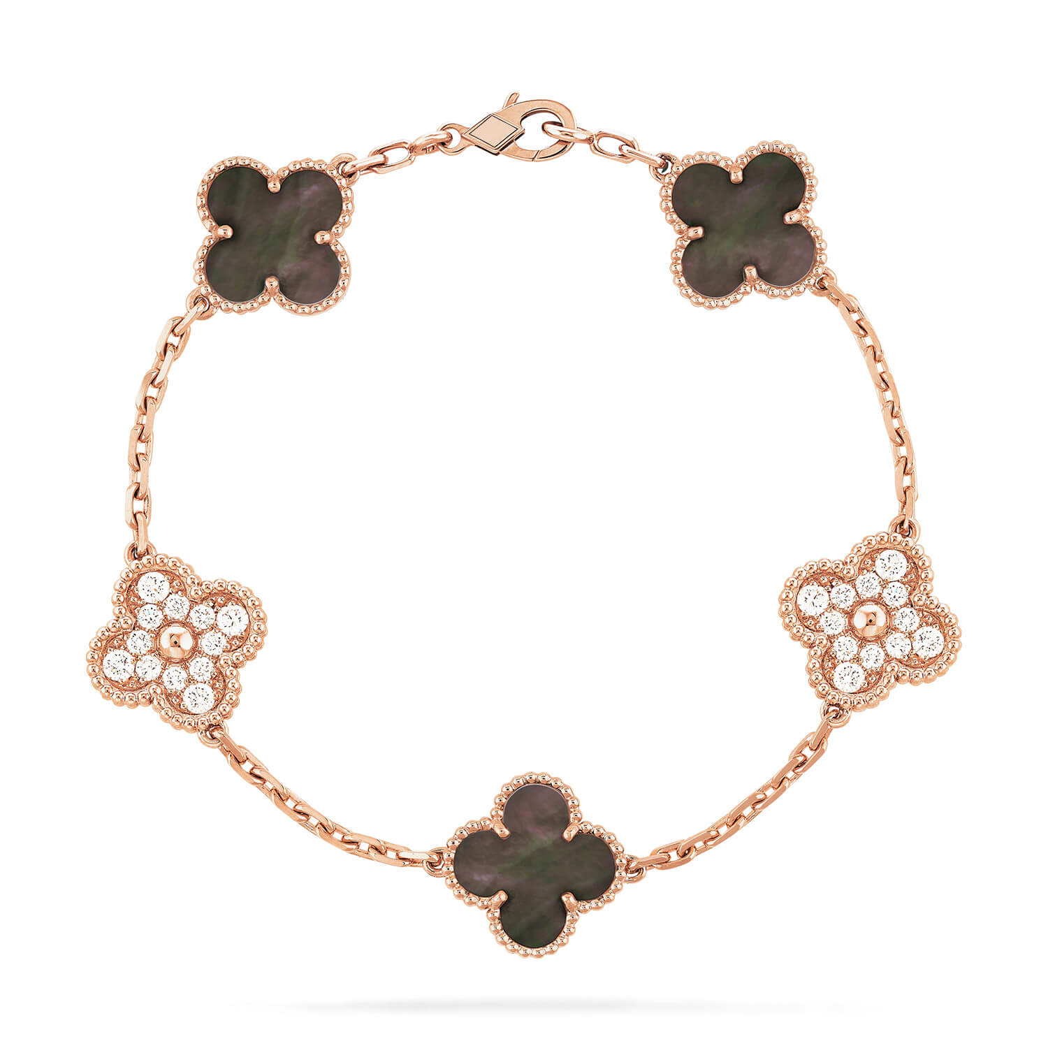 GlowCLOVER 5 MOTIFS DARK MOP AND DIAMONDS PINK GOLD BRACELET
