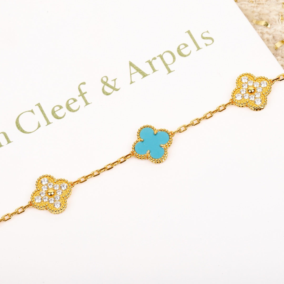 GlowCLOVER 5 MOTIF TURQUOISE DIAMOND GOLD BRACELET