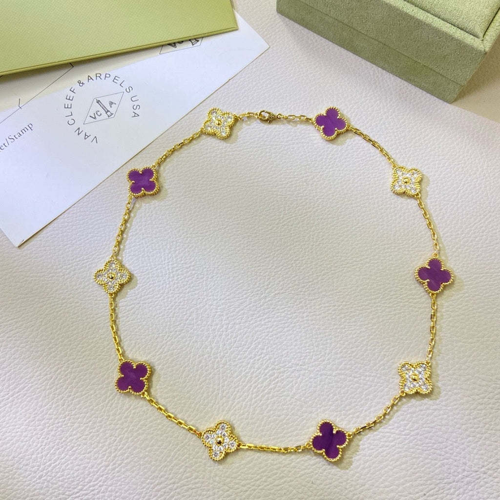 GlowCLOVER 10 MOTIFS  PURPLE VIOLET DIAMOND NECKLACE
