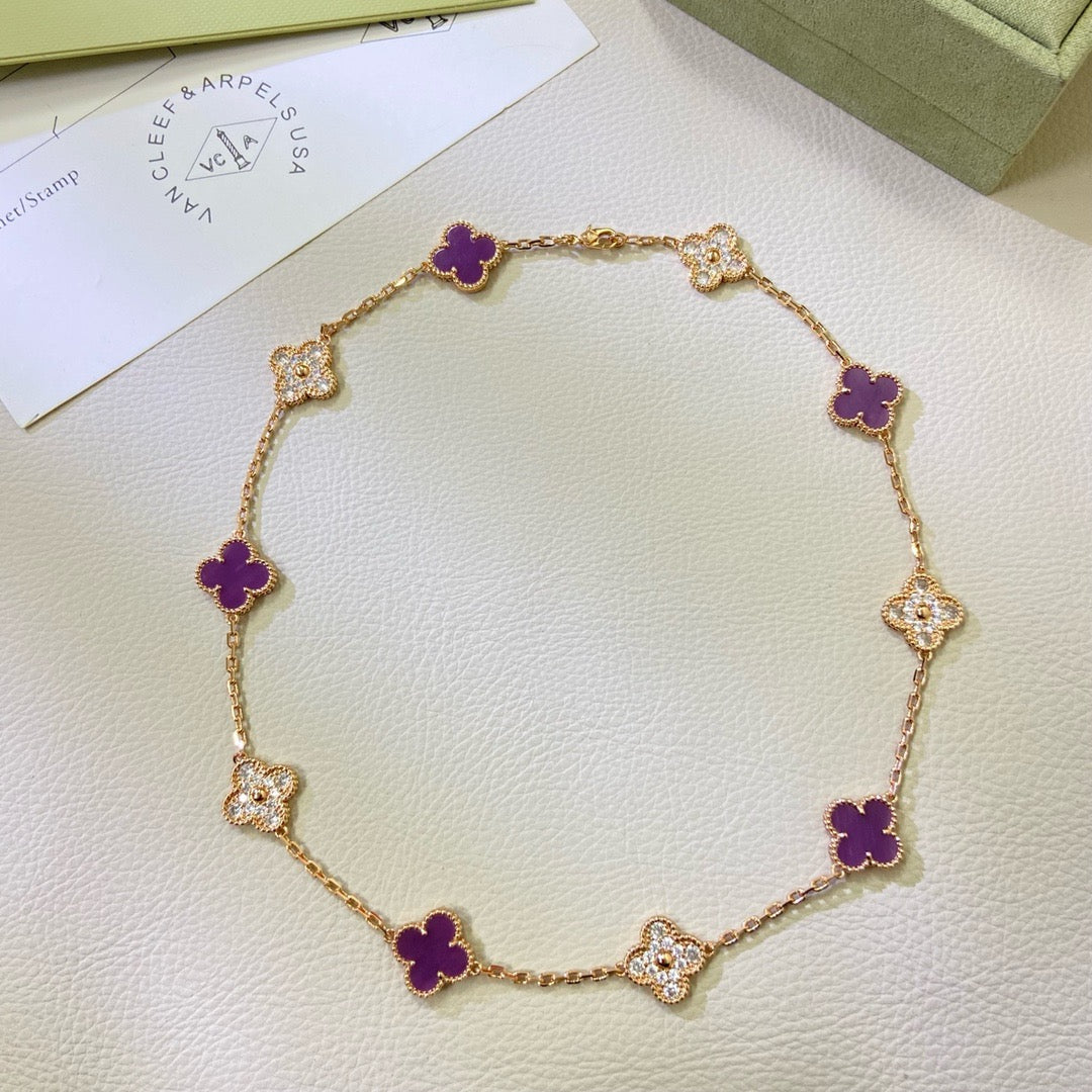 GlowCLOVER 10 MOTIFS  PURPLE VIOLET DIAMOND NECKLACE
