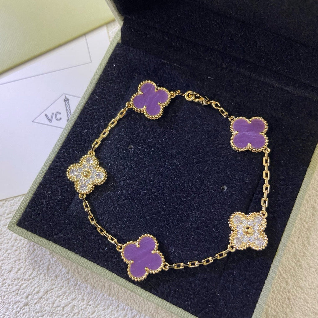 [Glow]CLOVER  5 MOTIFS  PURPLE VIOLET DIAMOND BRACELET-w