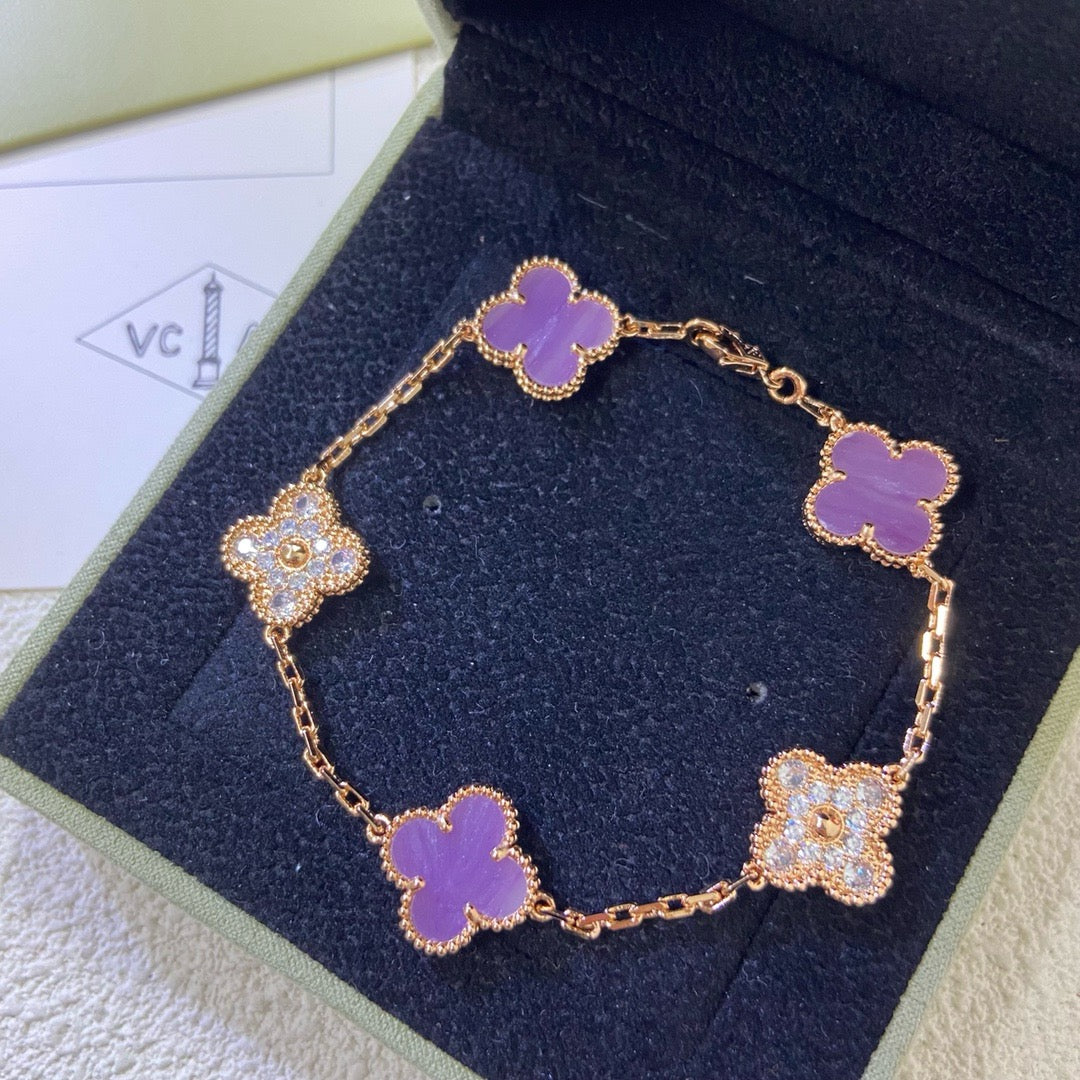 [Glow]CLOVER  5 MOTIFS  PURPLE VIOLET DIAMOND BRACELET-w