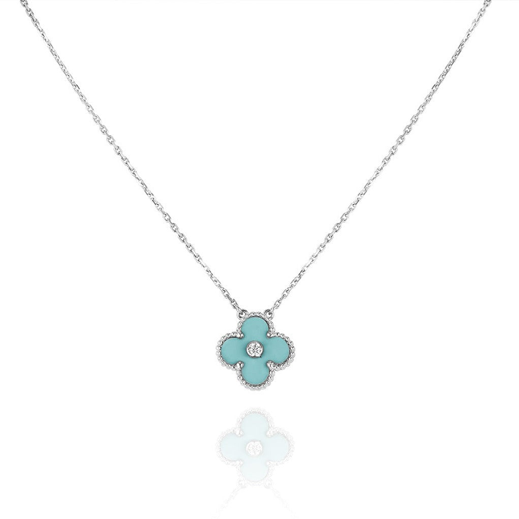 GlowCLOVER 1 DIAMOND LIGHT BLUE SILVER NECKLACE