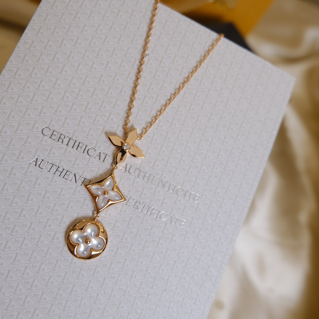 GlowCOLOR BLOSSOM LARIAT NECKLACE PINK GOLD WHITE MOTHER PEARL AND DIAMOND