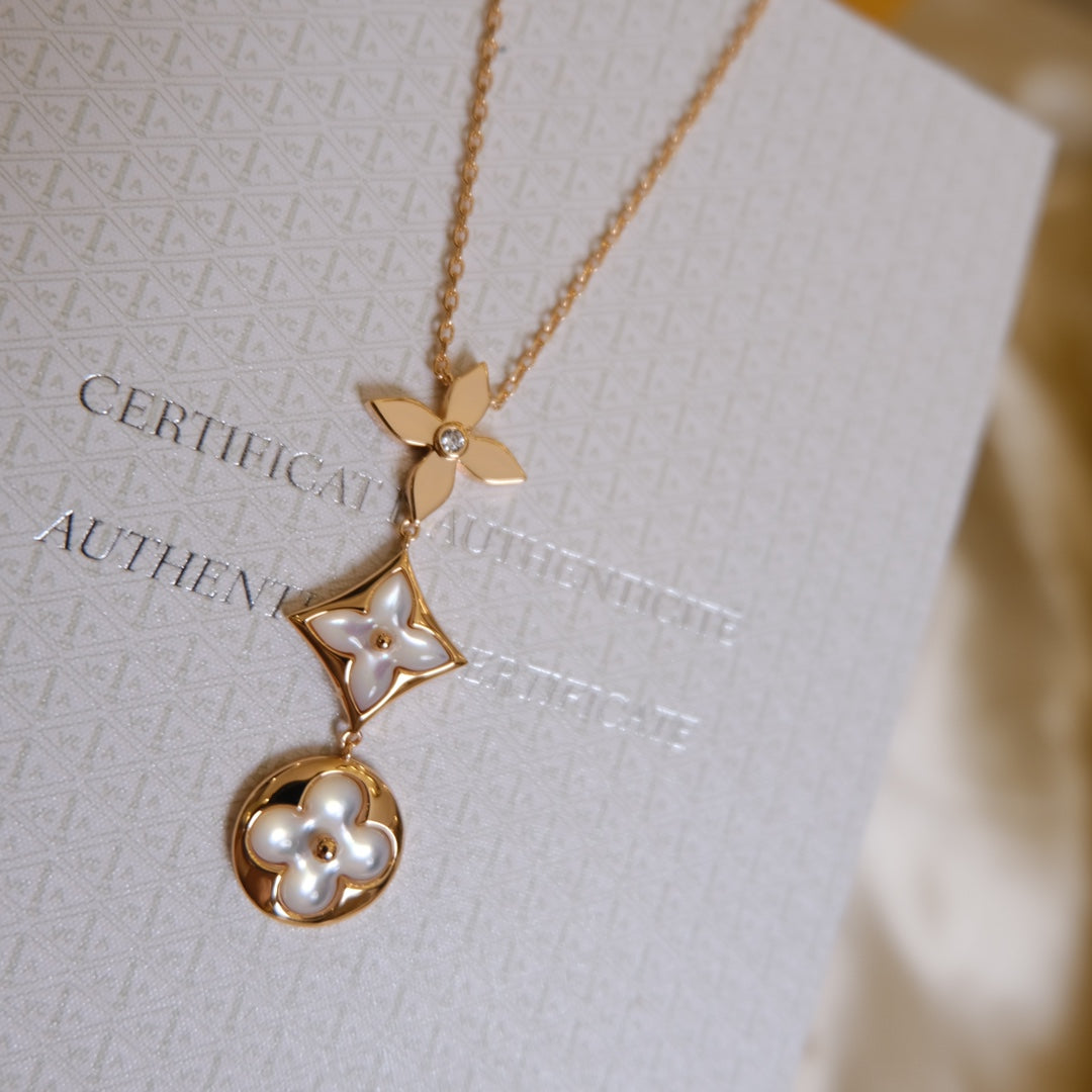 GlowCOLOR BLOSSOM LARIAT NECKLACE PINK GOLD WHITE MOTHER PEARL AND DIAMOND