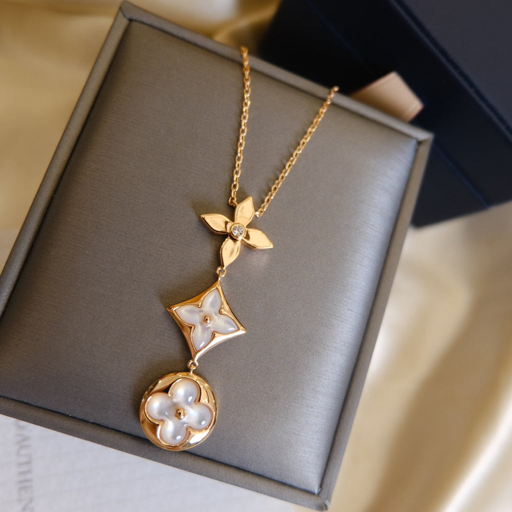 GlowCOLOR BLOSSOM LARIAT NECKLACE PINK GOLD WHITE MOTHER PEARL AND DIAMOND