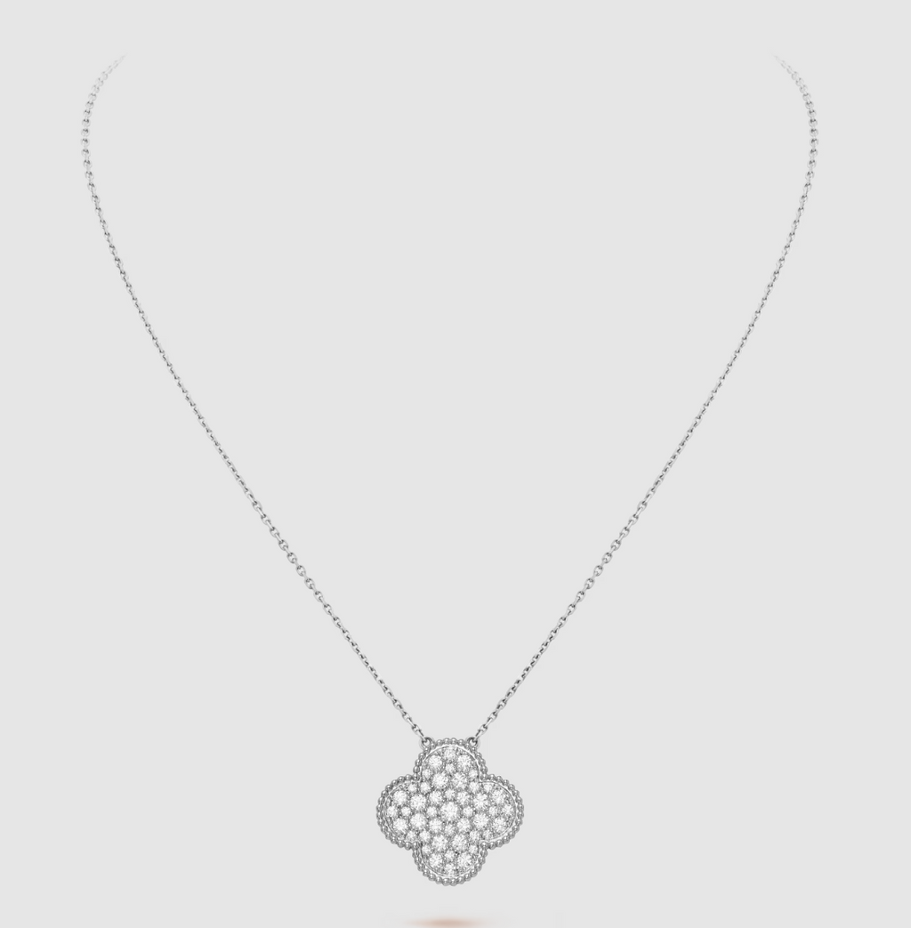 GlowCLOVER 25MM LARGE PENDANT DIAMOND PAVED SILVER NECKLACE