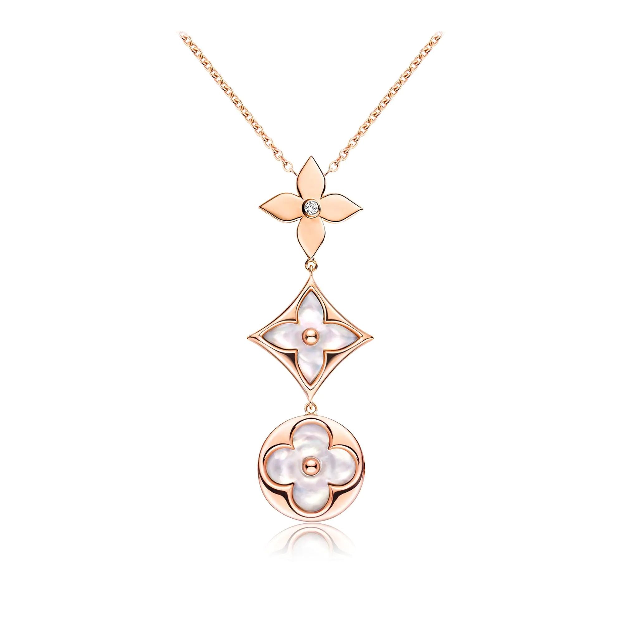 GlowCOLOR BLOSSOM LARIAT NECKLACE PINK GOLD WHITE MOTHER PEARL AND DIAMOND