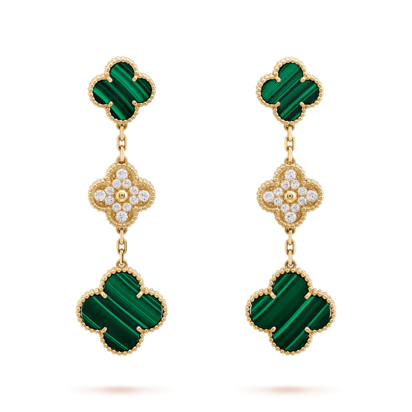 GlowCLOVER EARRINGS GOLD MALACHITE DIAMOND 3 MOTIF